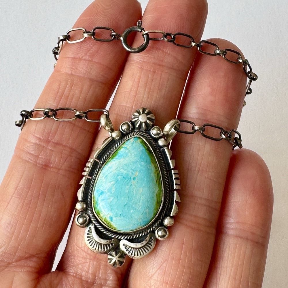 Navajo Turquoise Bar Necklace Sonoran Gold 18" Sterling Benally Native Am Stars - Picture 3 of 7